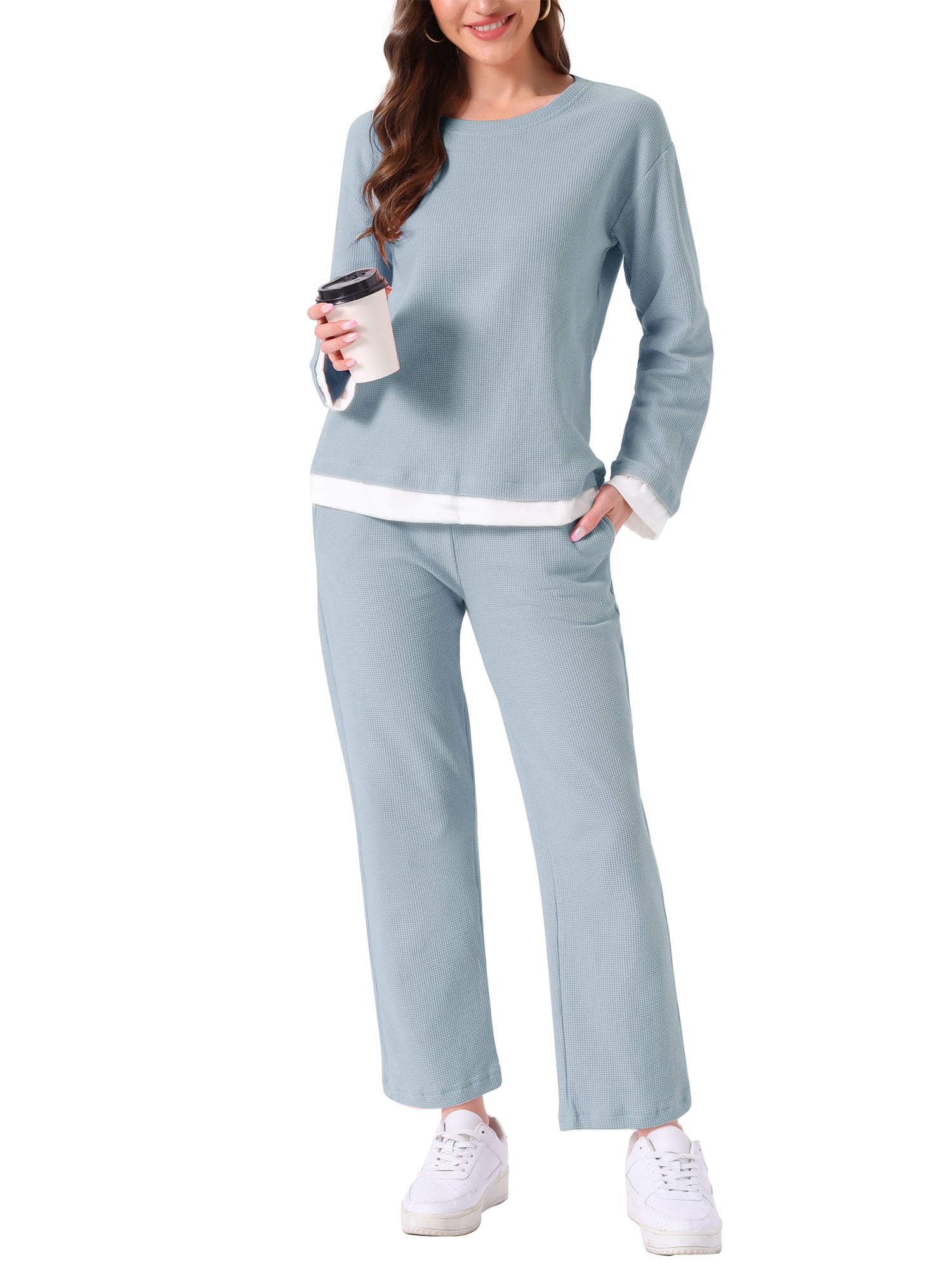 DARING DIVA Women's Soft Waffle Cotton Pajamas Long Sleeve with Pants Set S Blue