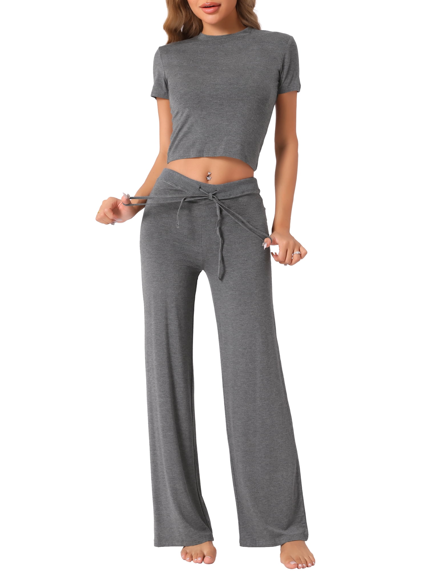 DARING DIVA Women's Lounge Sets Crop Short Sleeve T-Shirt and Wide Leg Pants M Deep Grey