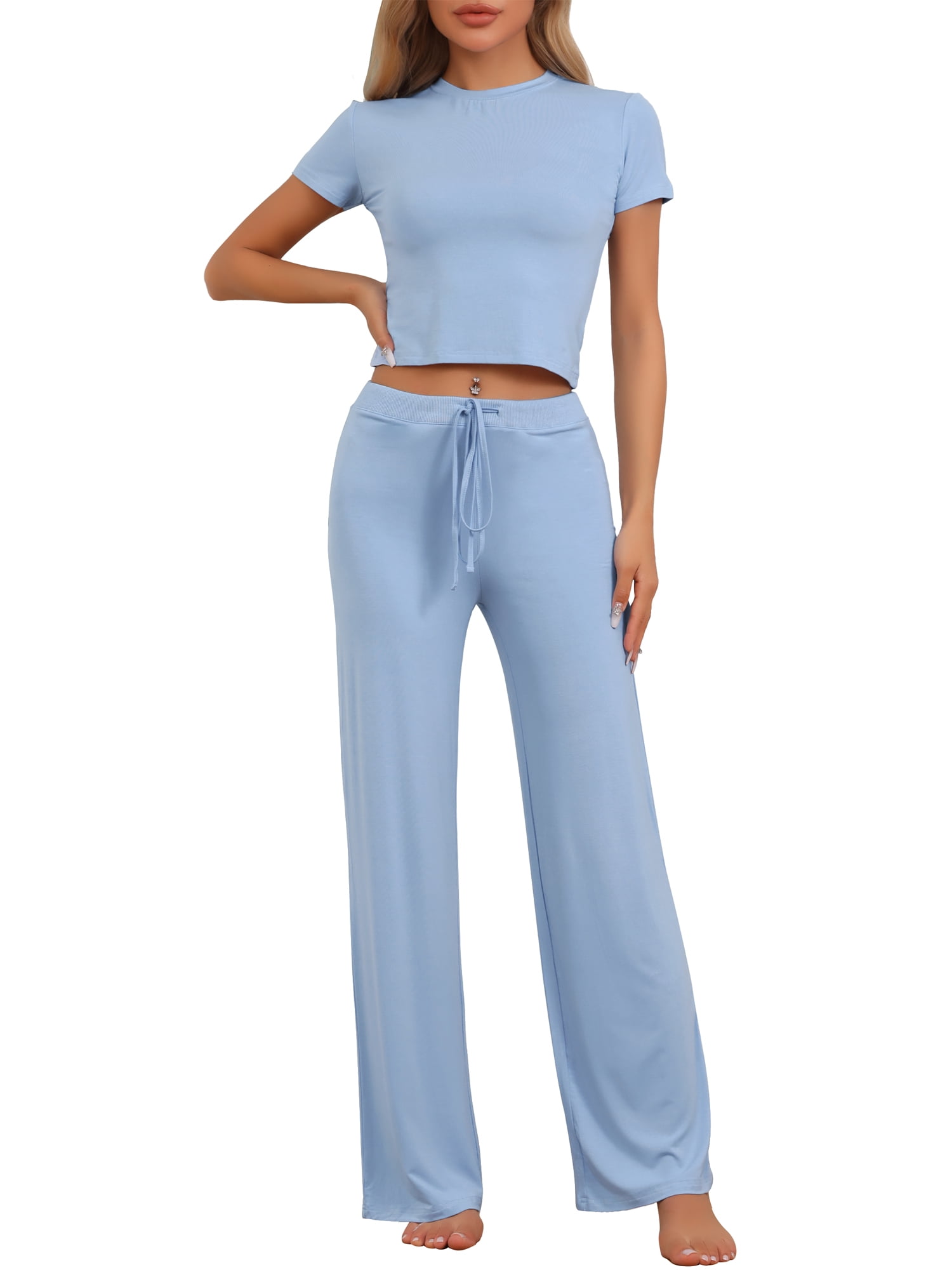 DARING DIVA Women's Lounge Sets Crop Short Sleeve T-Shirt and Wide Leg Pants XL Blue