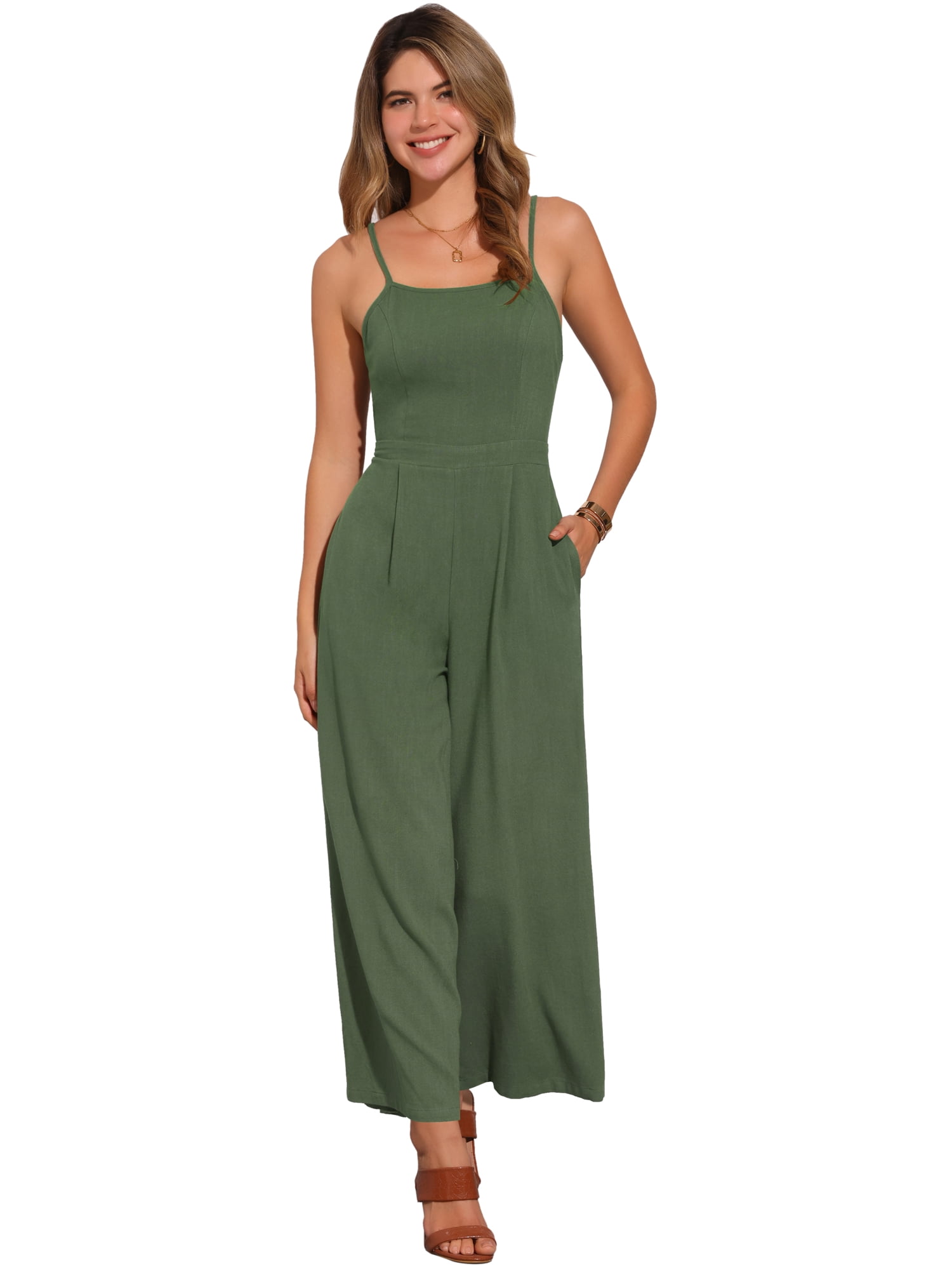 DARING DIVA Women's Spaghetti Strap Backless Wide Leg Jumpsuit L Army Green