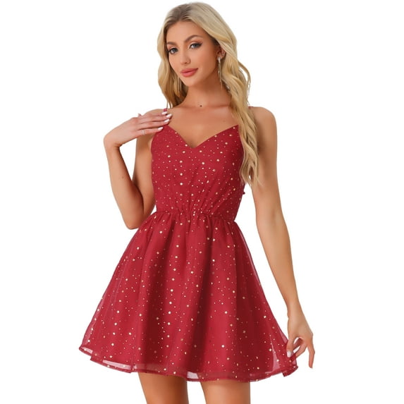 DARING DIVA Women's Spaghetti Strap Fit and Flare Party Mini Dresses L Burgundy