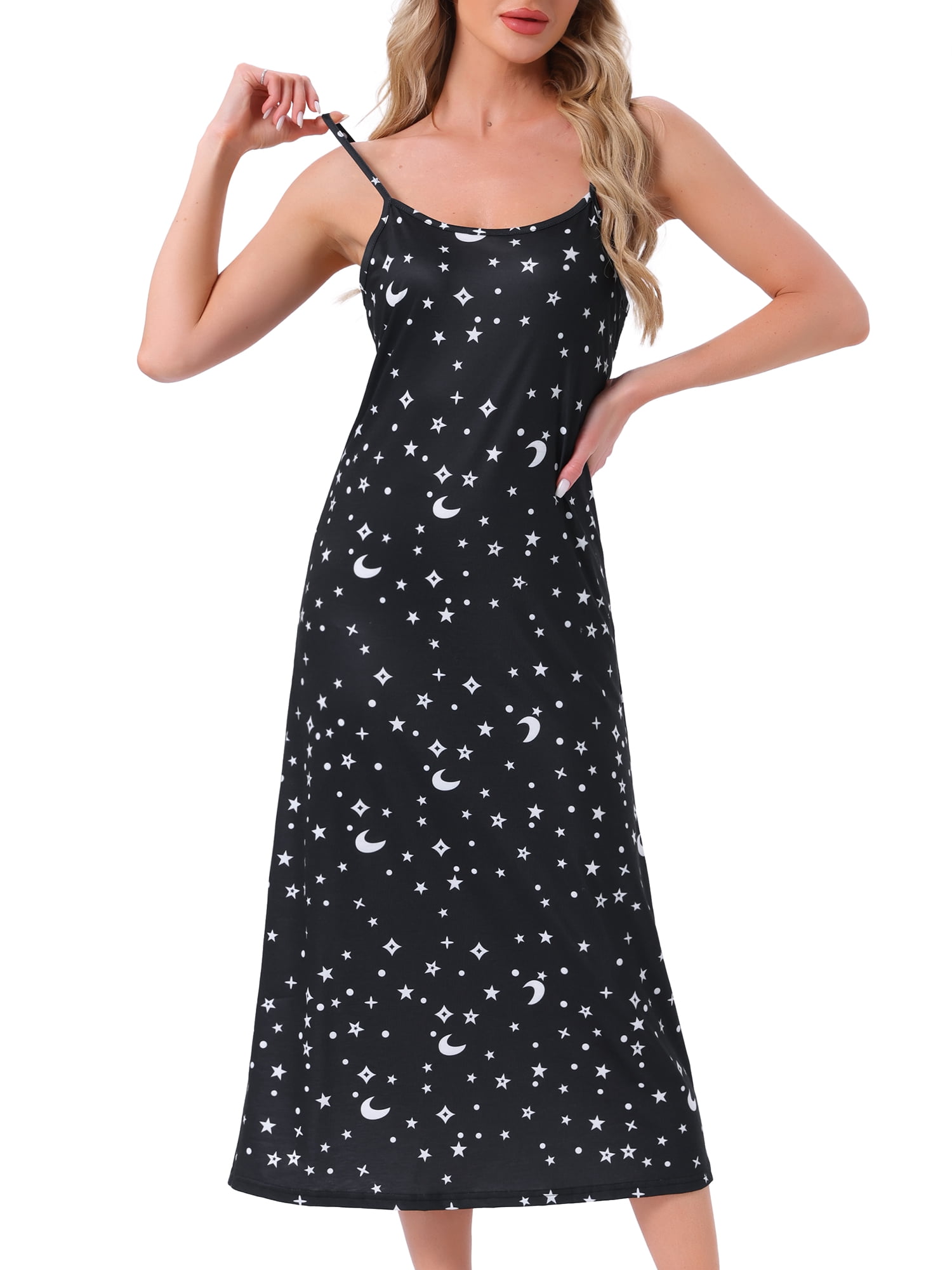 DARING DIVA Women's Spaghetti Strap Full Slip Midi Under Dress XL Black Star Moon