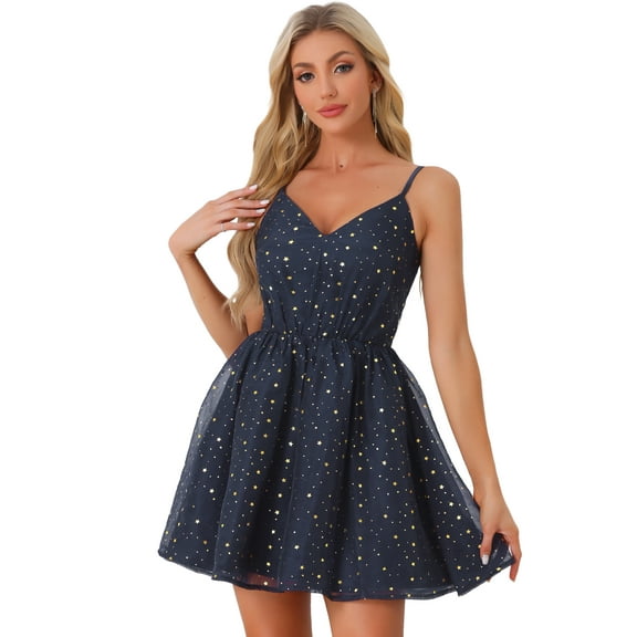 DARING DIVA Women's Spaghetti Strap Party Metallic Stars Mini Dress XL Dark Blue