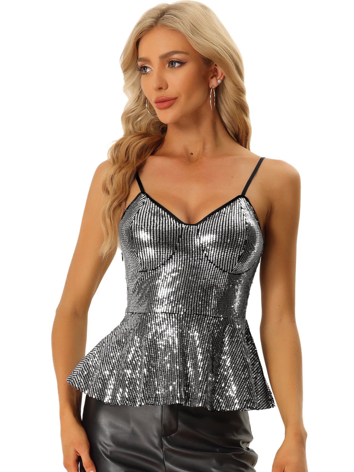 DARING DIVA Women's Spaghetti Strap Ruffles Peplum Sequin Tank Top S Black