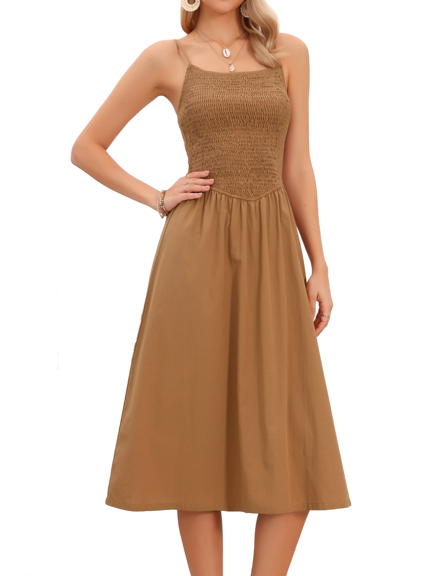 DARING DIVA Women's Spaghetti Strap Smocked A Line Swing Flowy Midi Dresses S Brown