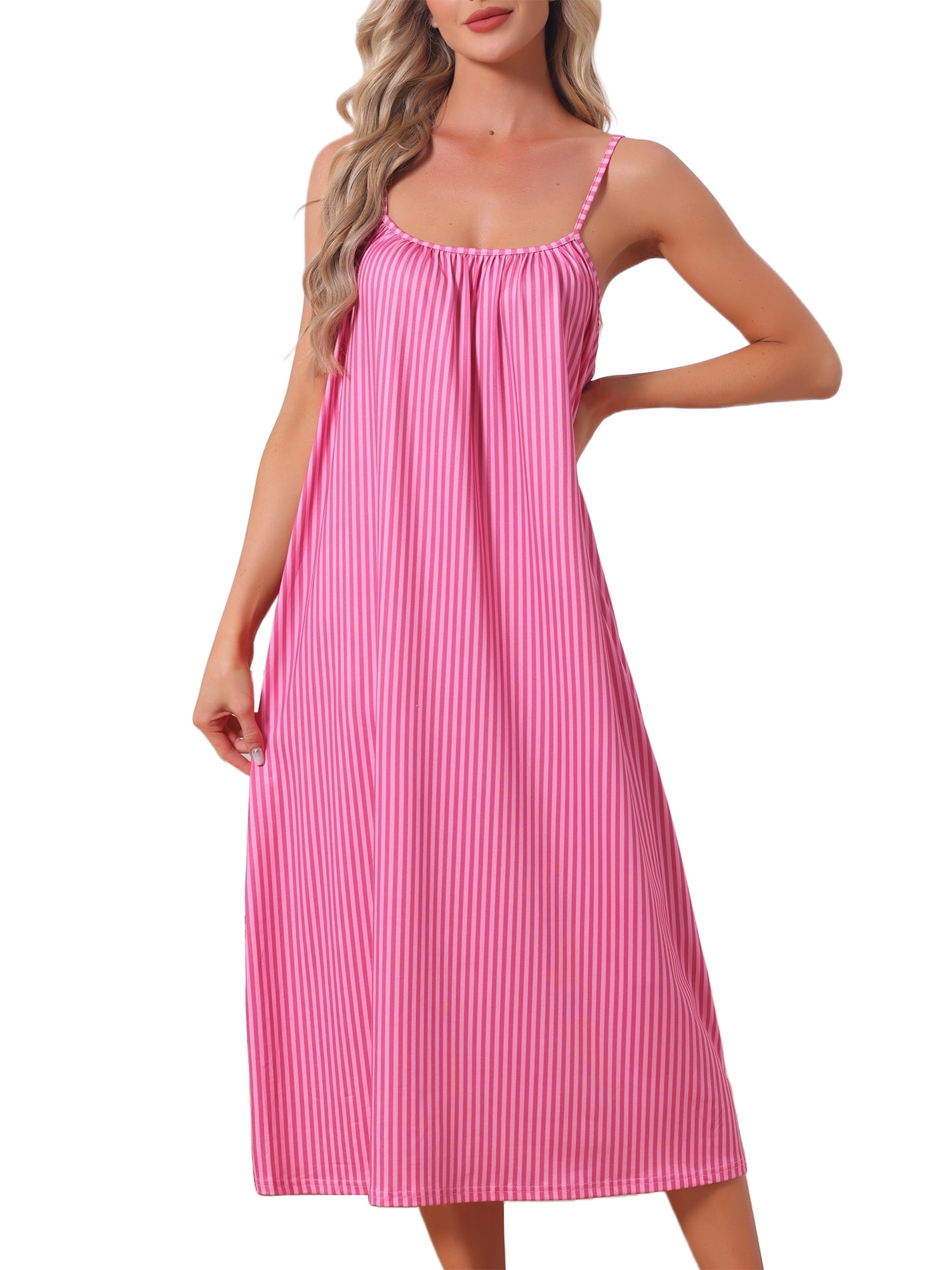 DARING DIVA Women's Spaghetti Strap Stripe Nightshirt Pajama Dress L Pink