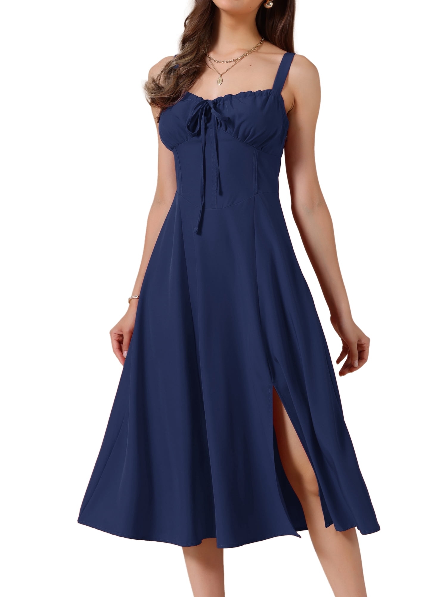 DARING DIVA Women's Spaghetti Strap Sweetheart Neck Side Slit A Line Dresses L Dark Blue