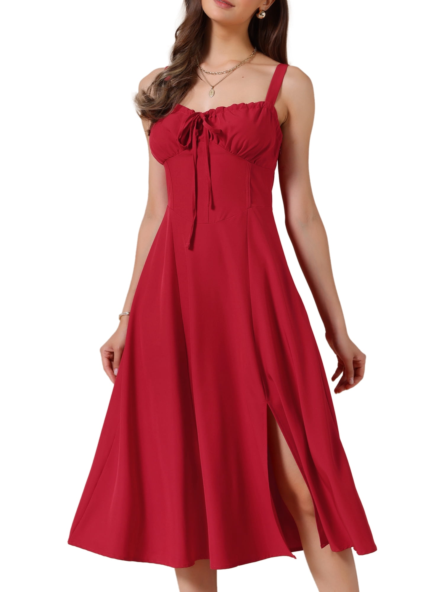 DARING DIVA Women's Spaghetti Strap Sweetheart Neck Side Slit A Line Dresses XL Red