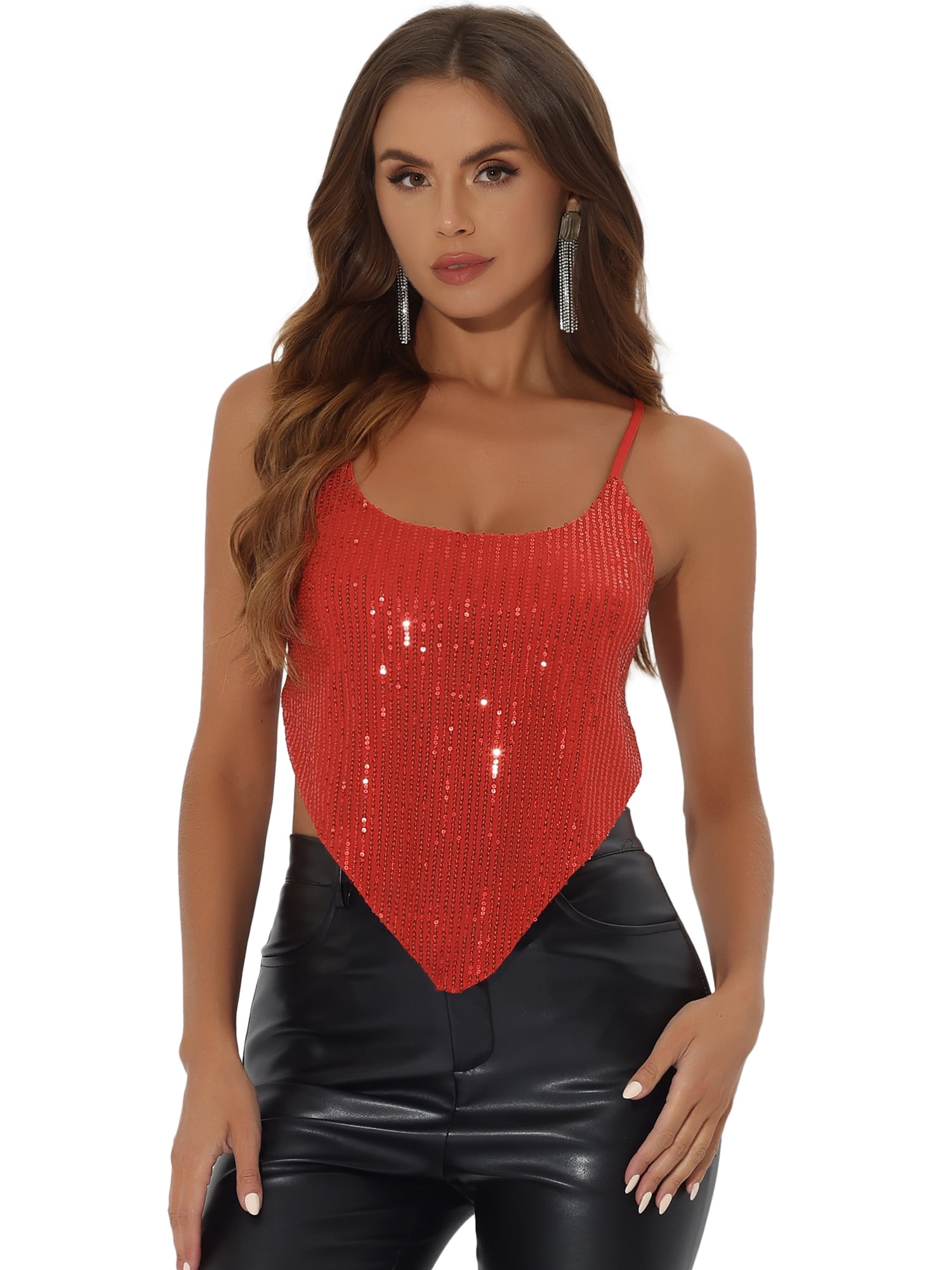 DARING DIVA Women's Spaghetti Straps Criss Cross Crop Sequin Top for Party M Red
