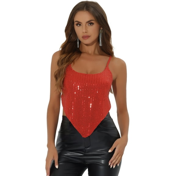 DARING DIVA Women's Spaghetti Straps Criss Cross Crop Sequin Top for Party XL Red