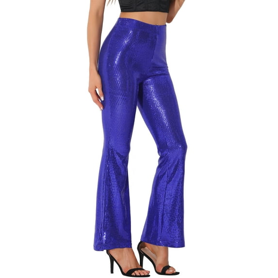 DARING DIVA Women's Sparkle Bell Bottoms Stretch Shiny Flare Sequin Pants M Blue Purple