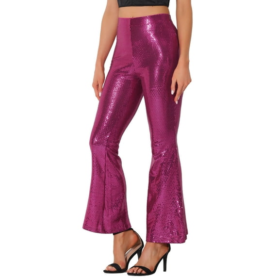 DARING DIVA Women's Sparkle Bell Bottoms Stretch Shiny Flare Sequin Pants S Hot Pink