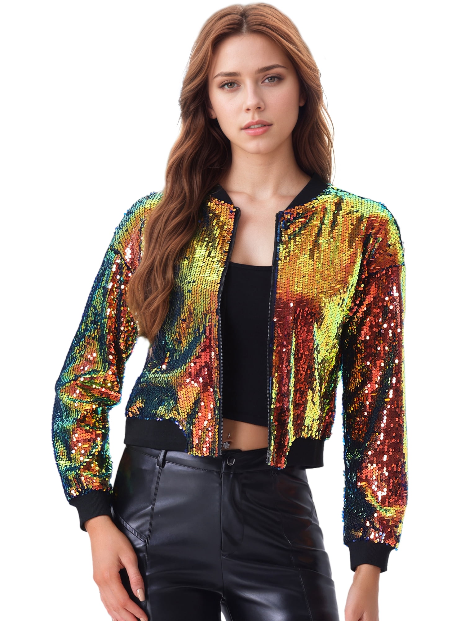 DARING DIVA Women's Sparkle Sequin Zipper Bomber Jacket S Green Pink