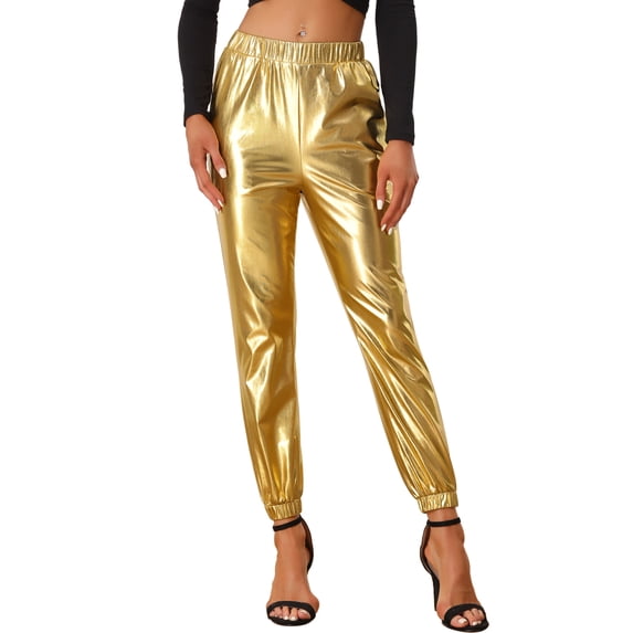 DARING DIVA Women's Sparkle Shiny High Waist Metallic Jogger Pants L Champagne Gold