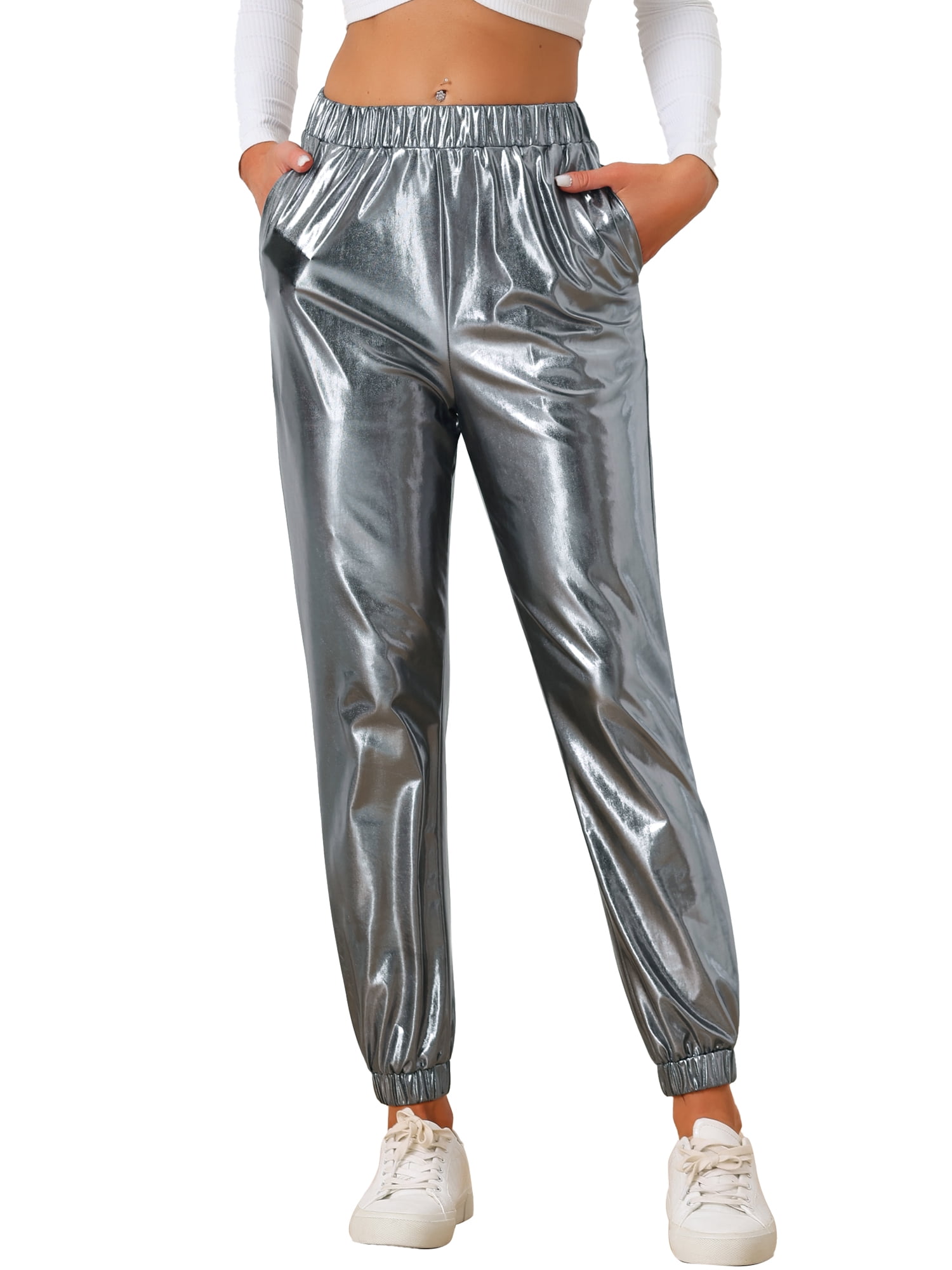 DARING DIVA Women's Sparkle Shiny High Waist Metallic Jogger Pants L Silver Grey