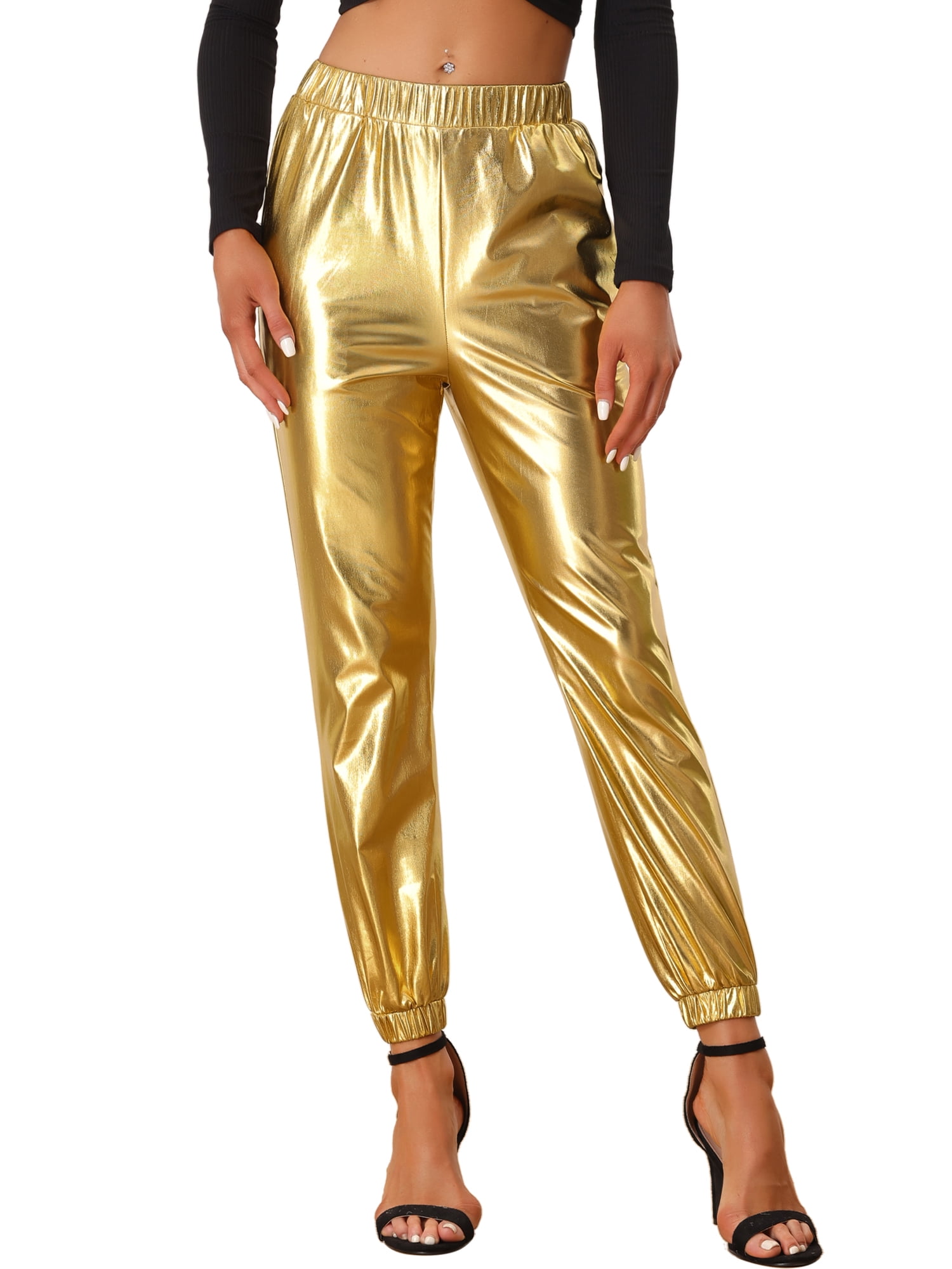 DARING DIVA Women's Sparkle Shiny High Waist Metallic Jogger Pants M Champagne Gold