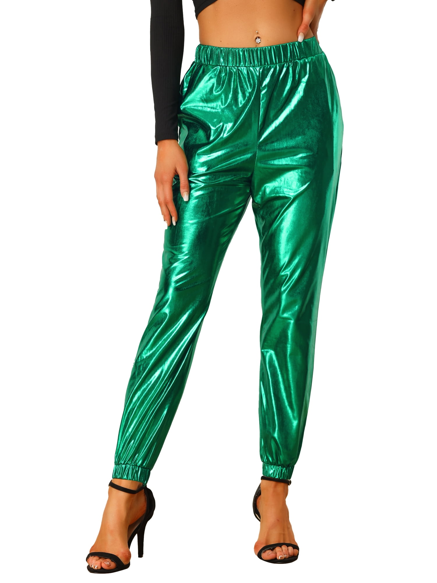 DARING DIVA Women's Sparkle Shiny High Waist Metallic Jogger Pants M Green