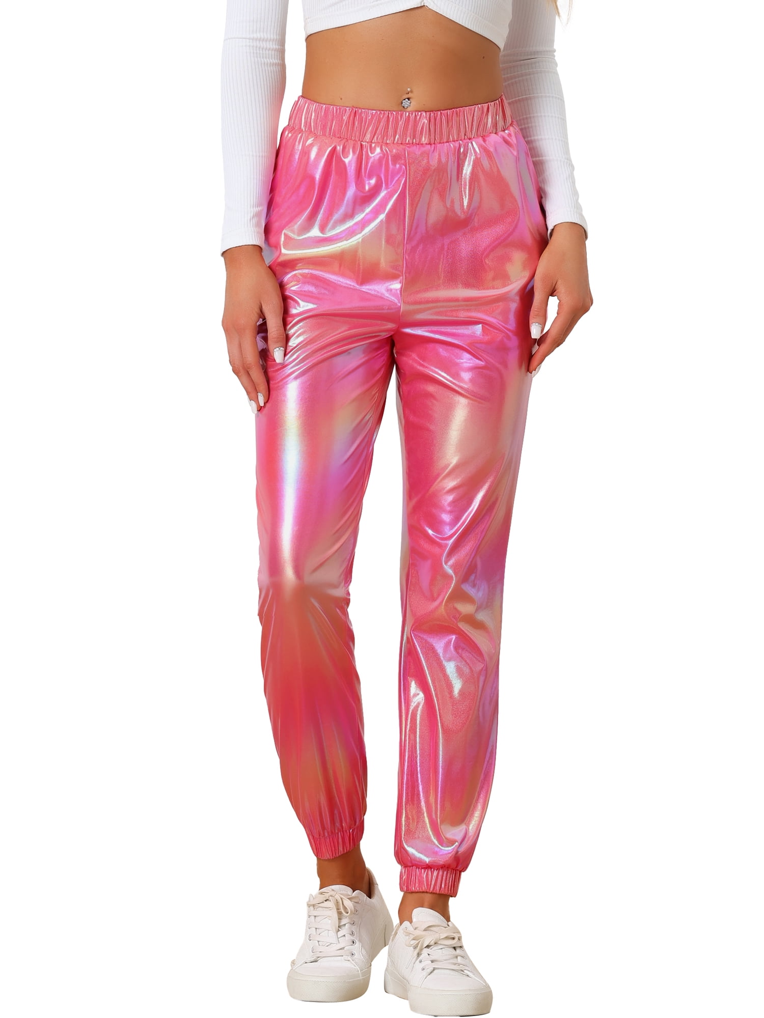DARING DIVA Women's Sparkle Shiny High Waist Metallic Jogger Pants XL Holographic Pink