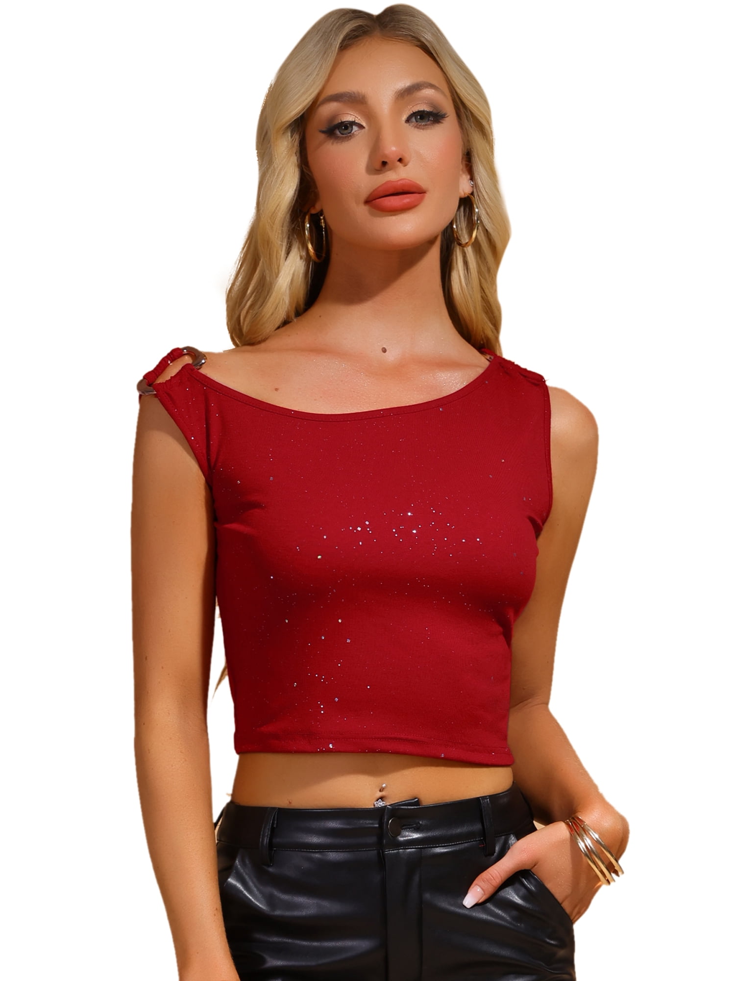 DARING DIVA Women's Sparkly Sleeveless Y2K Slim Fit Crop Top XL Red