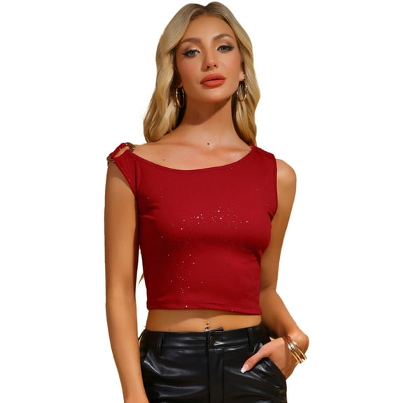 DARING DIVA Women's Sparkly Sleeveless Y2K Slim Fit Crop Top XL Red