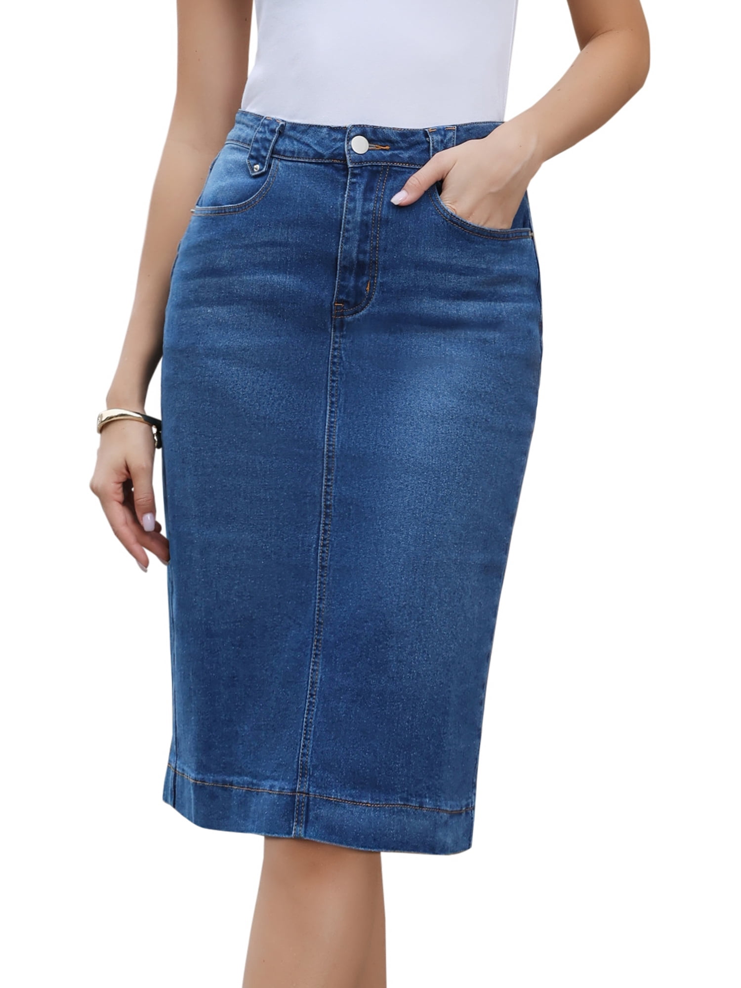 DARING DIVA Women's Split Back Pockets Knee Length Pencil Skirt Medium Blue