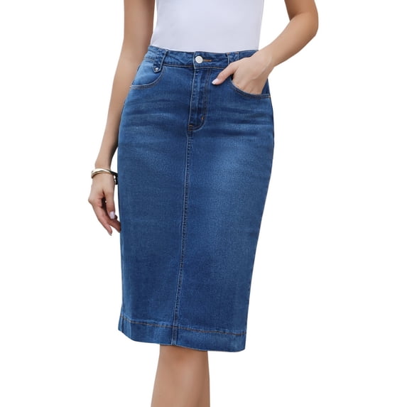 DARING DIVA Women's Split Back Pockets Knee Length Pencil Skirt Medium Blue