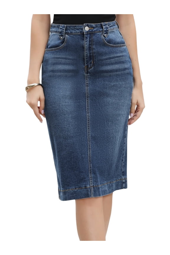 Women's Split Back Pockets Knee Length Pencil Skirt X-Large Dark Blue