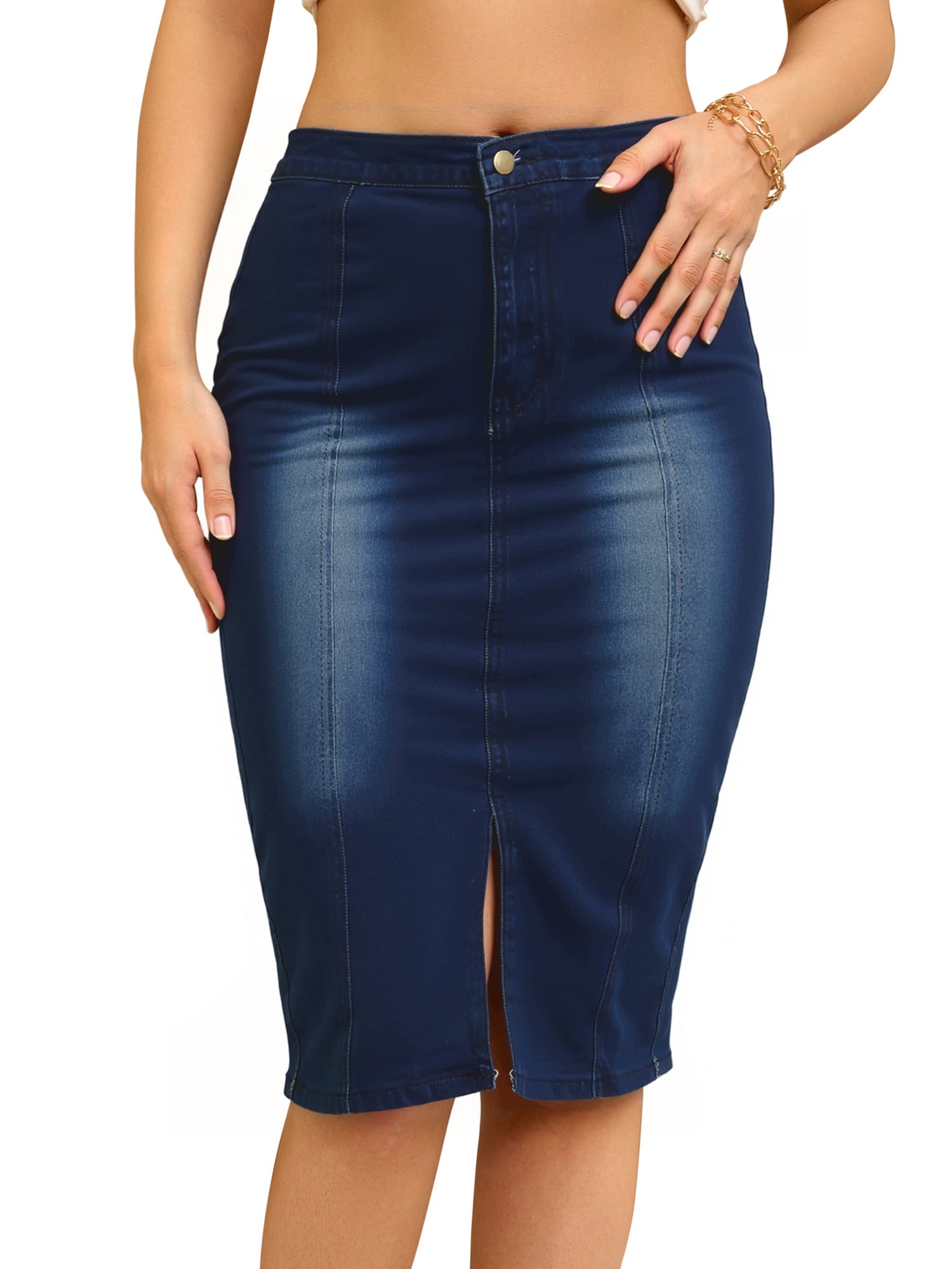DARING DIVA Women's Split Front Denim Bodycon Midi Skirt M Black Blue