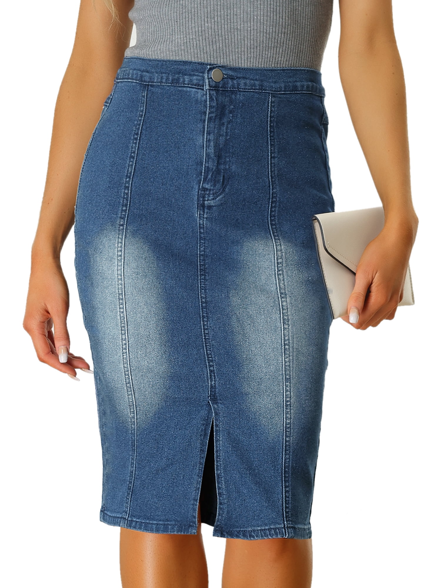 DARING DIVA Women's Split Front Denim Bodycon Midi Skirt M Blue