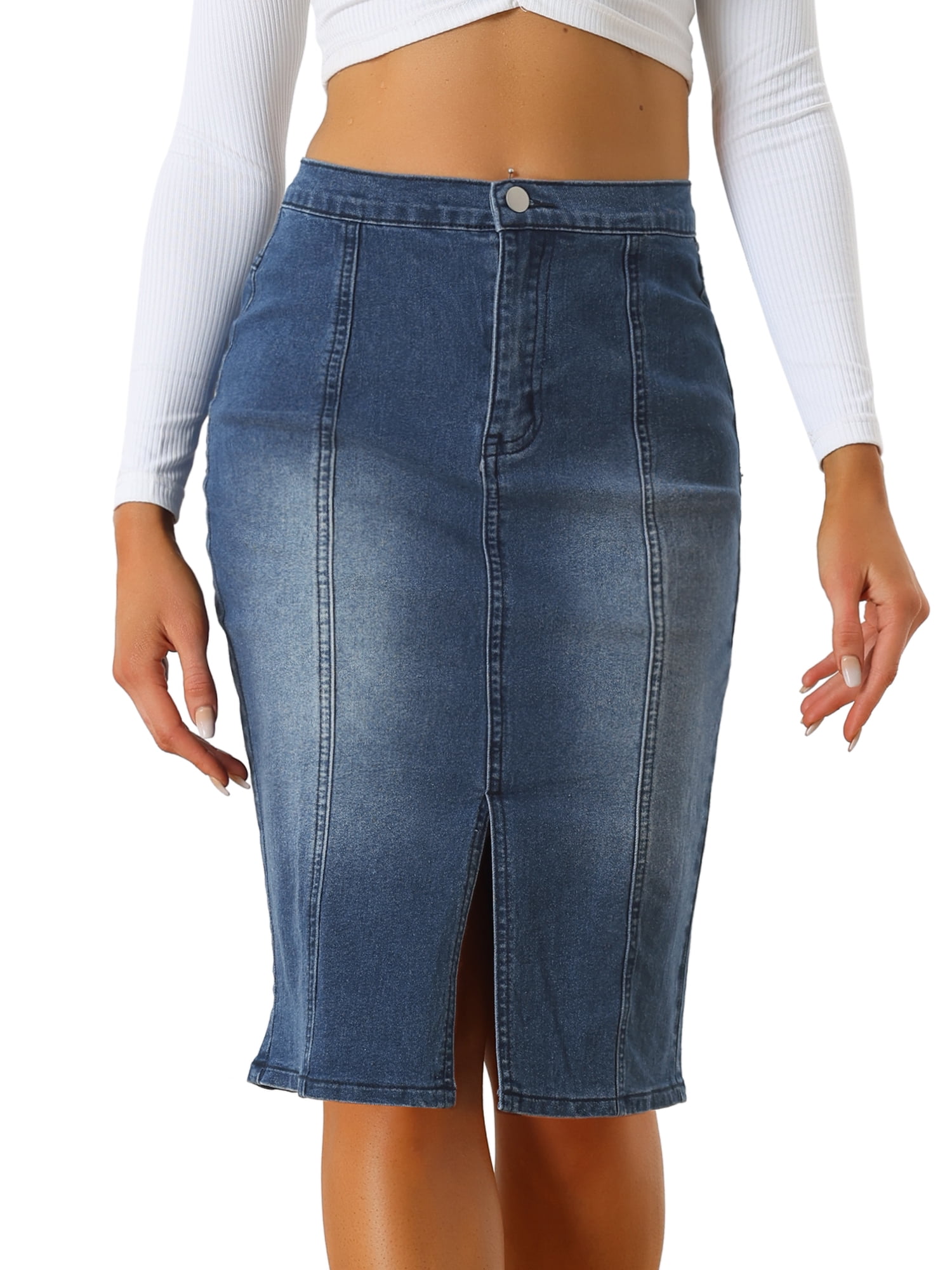 DARING DIVA Women's Split Front Denim Bodycon Midi Skirt S Dark Blue