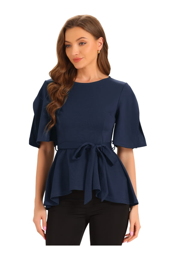 Women's Split Half Sleeve Crew Neck Peplum Blouses M Dark Blue