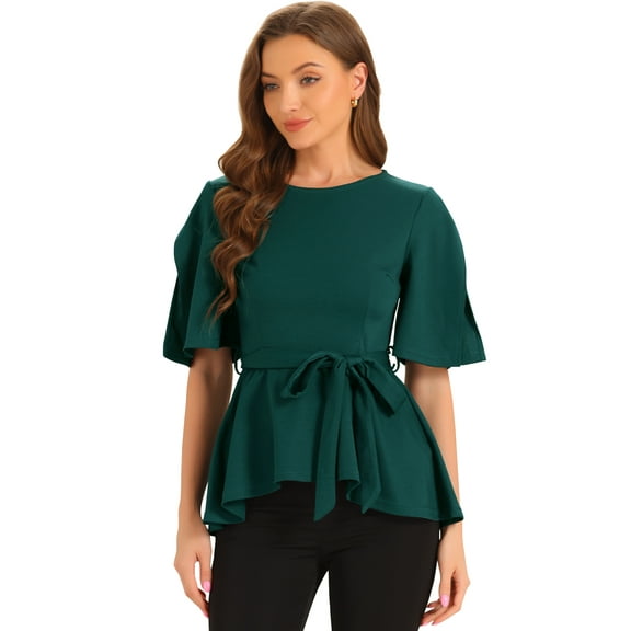 DARING DIVA Women's Split Half Sleeve Crew Neck Peplum Blouses M Dark Green