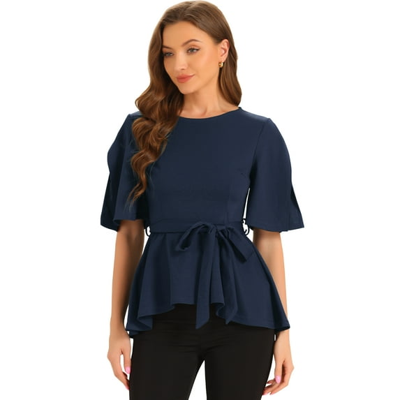 DARING DIVA Women's Split Half Sleeve Crew Neck Peplum Blouses XS Dark Blue