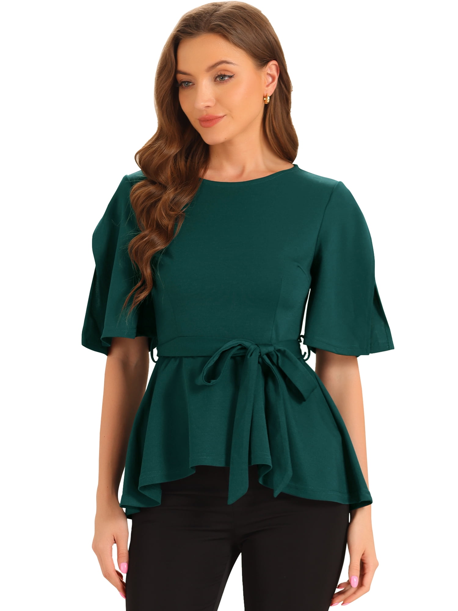 DARING DIVA Women's Split Half Sleeve Crew Neck Peplum Blouses XS Dark Green