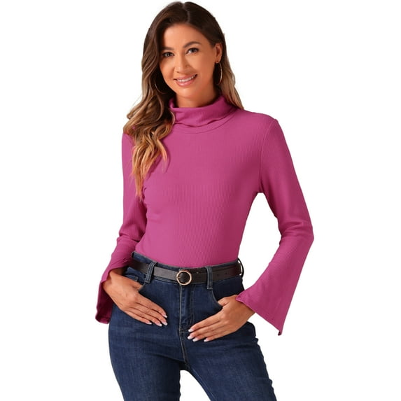 DARING DIVA Women's Split Long Sleeves Basic Casual Turtleneck Tops XL Hot Pink