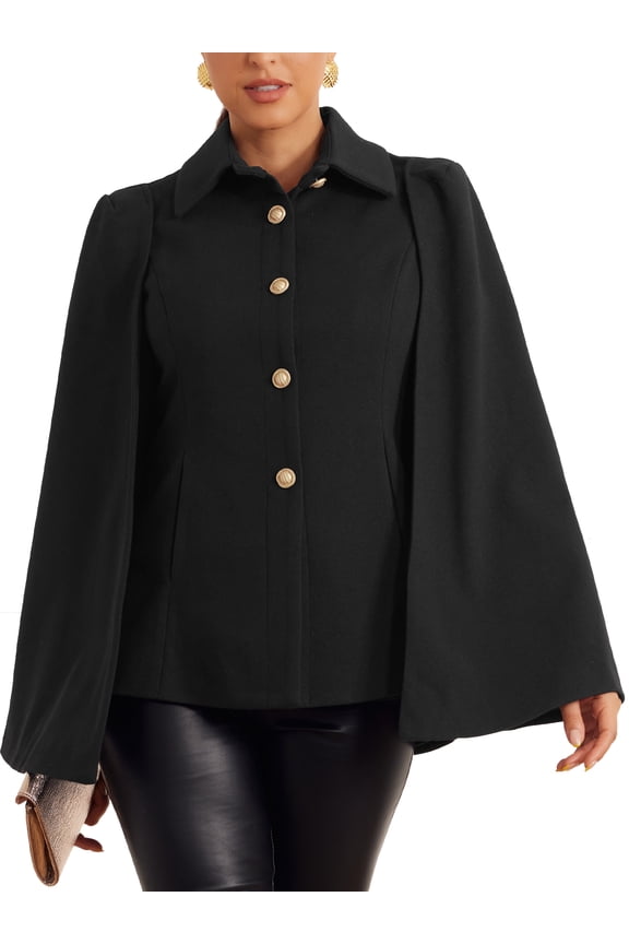 Women's Split Sleeve Button Front Cape Coat Shawl Blazer Jacket Black S