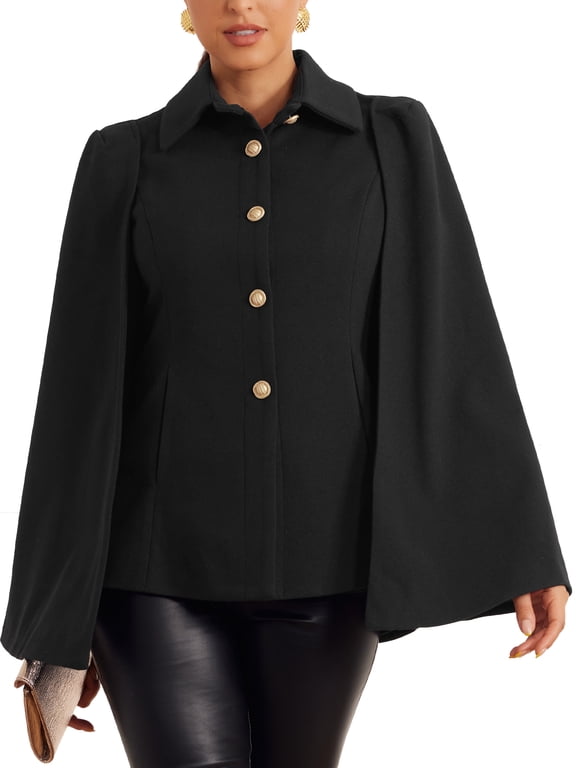 Women's Cape Blazer Split Sleeve Button Front Cape Coat Shawl Jackets XS Black