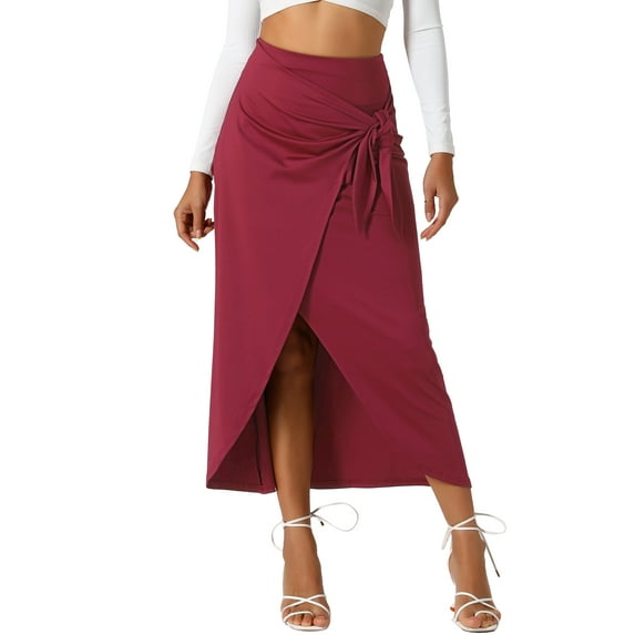 DARING DIVA Women's Split Thigh Front Long Skirt Boho Wrap Midi Skirt XS Wine Red