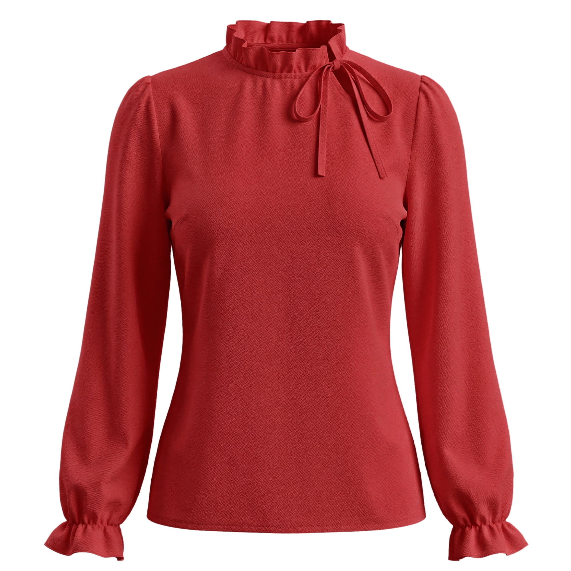 DARING DIVA Women's Spring Blouse Long Sleeve Ruffle Tie Neck Business Top L Dark Red