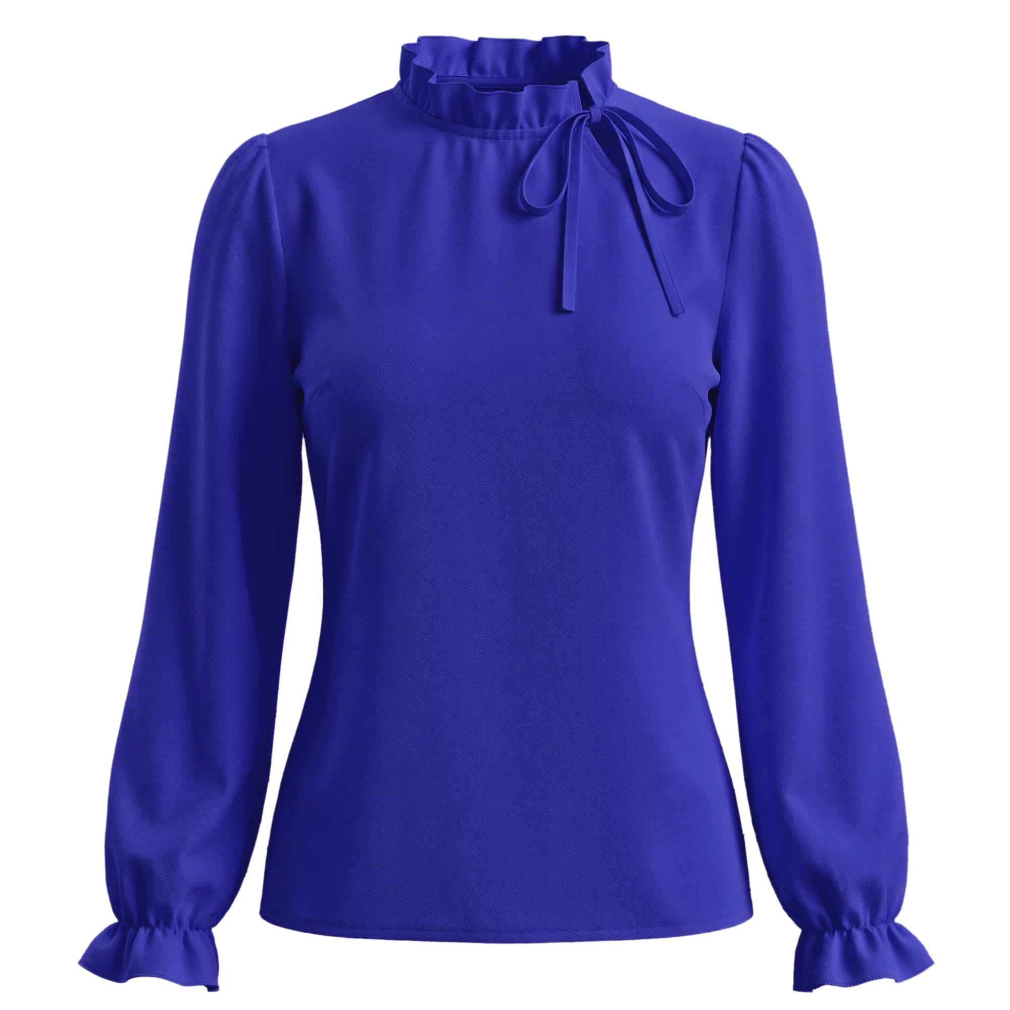 DARING DIVA Women's Spring Blouse Long Sleeve Ruffle Tie Neck Business Top L Royal Blue