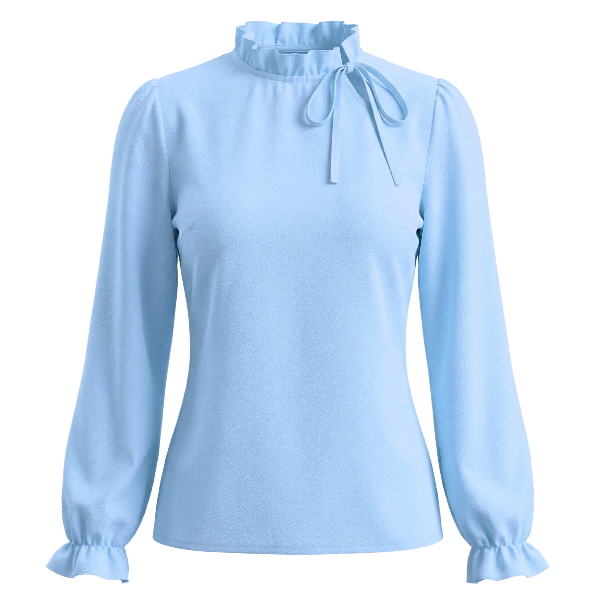 DARING DIVA Women's Spring Blouse Long Sleeve Ruffle Tie Neck Business Top M Sky Blue