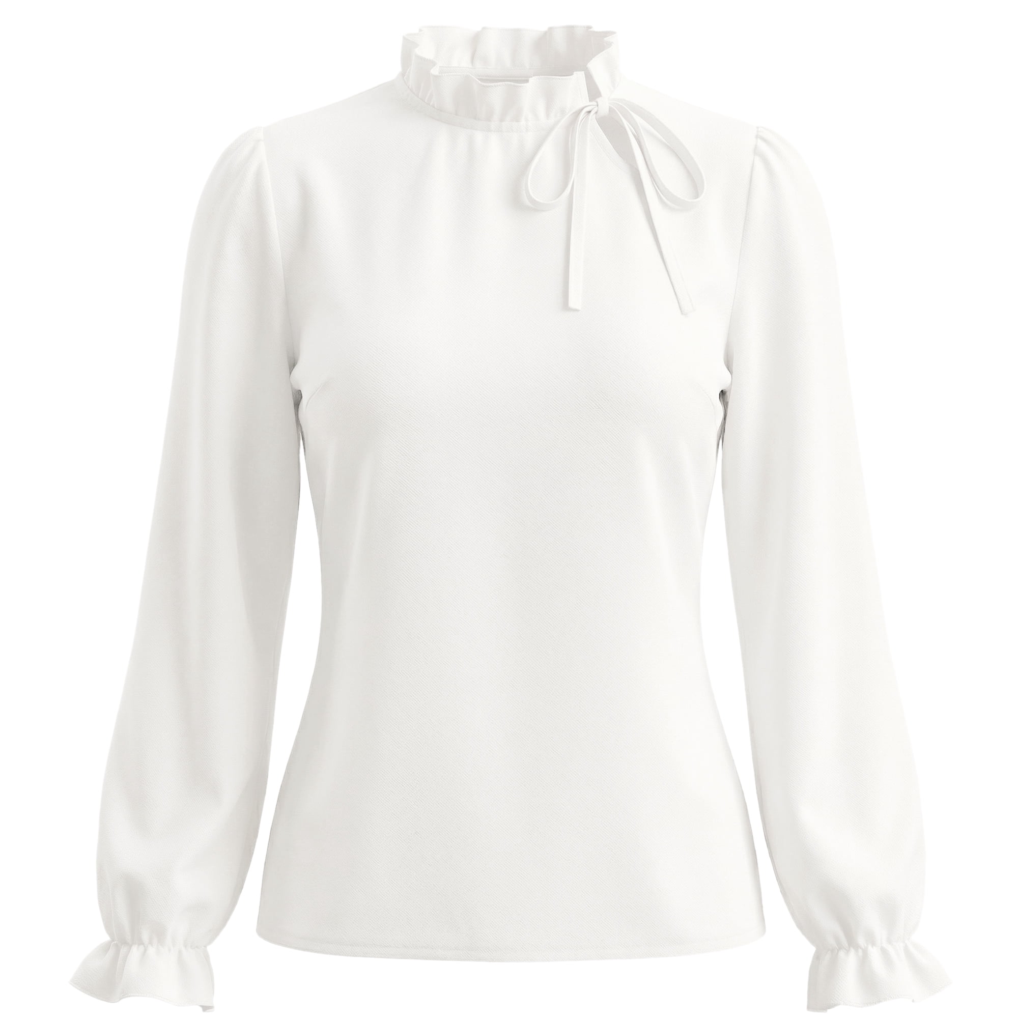 DARING DIVA Women's Spring Blouse Long Sleeve Ruffle Tie Neck Business Top M White