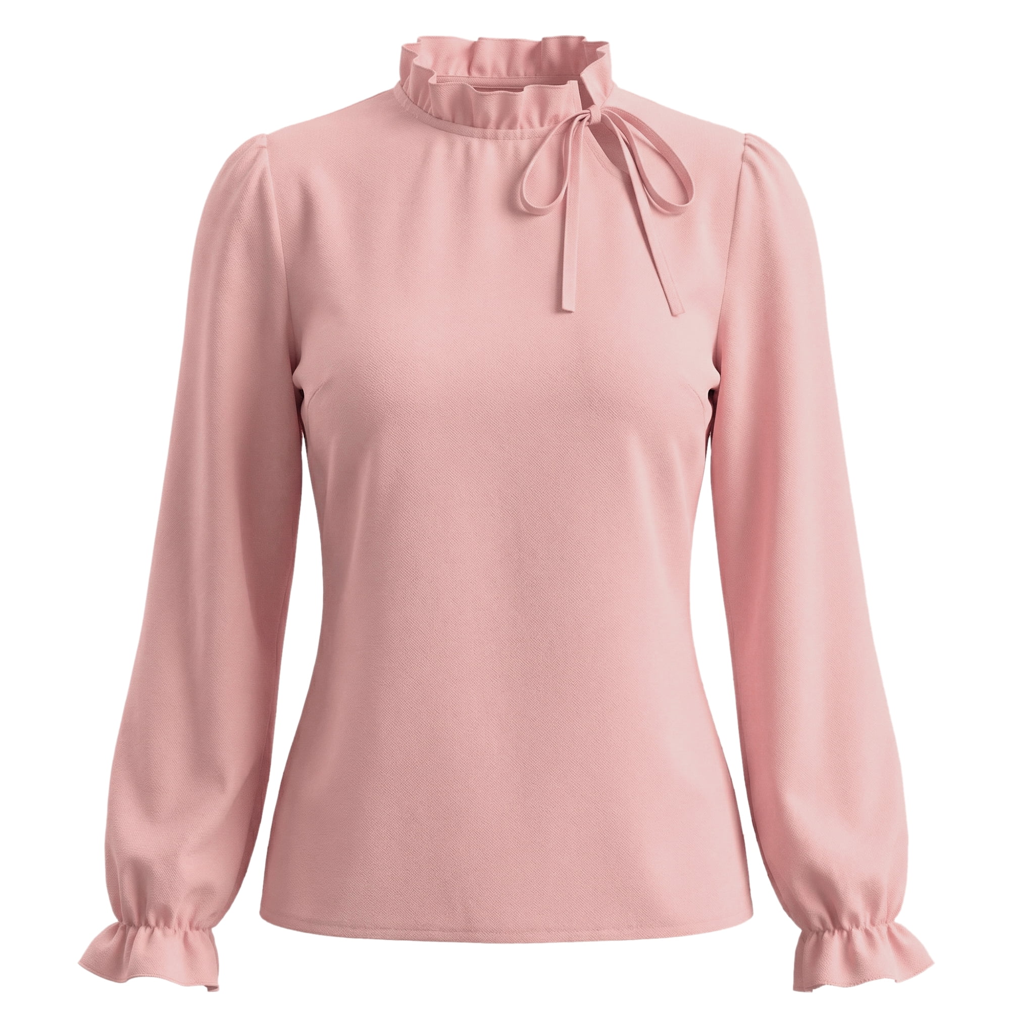 DARING DIVA Women's Spring Blouse Long Sleeve Ruffle Tie Neck Business Top S Pink