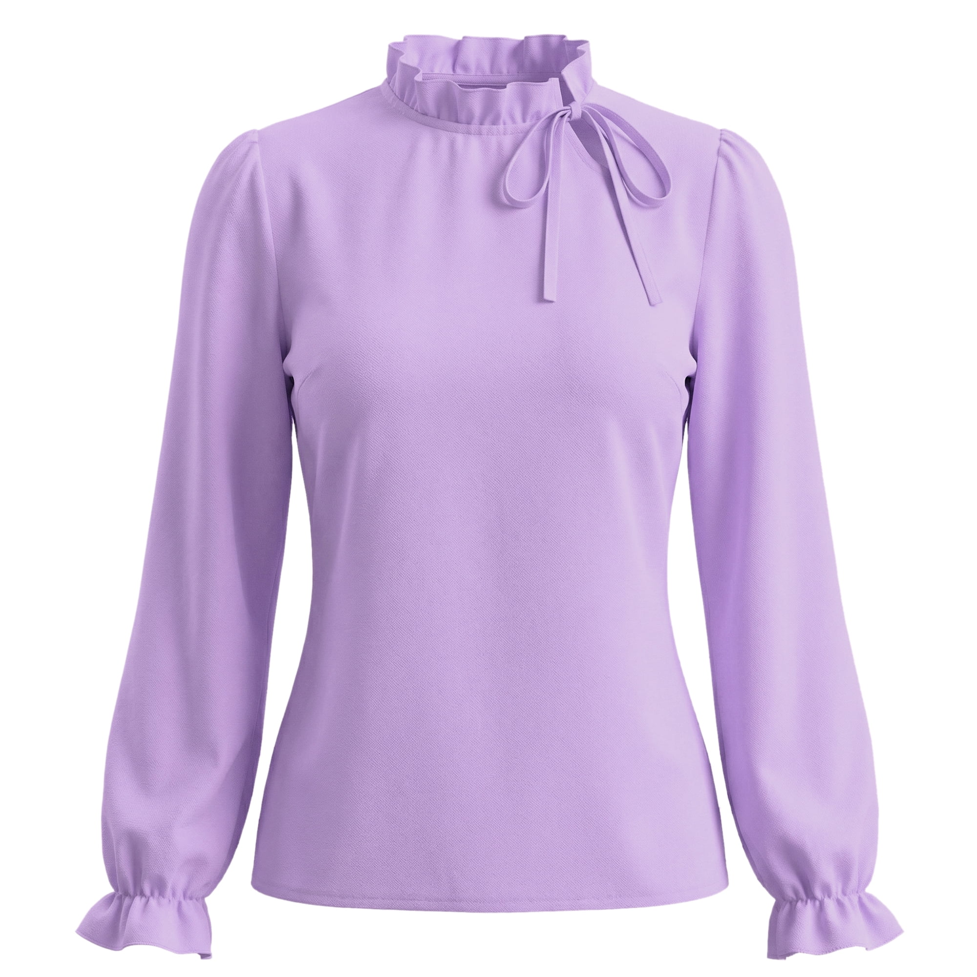 DARING DIVA Women's Spring Blouse Long Sleeve Ruffle Tie Neck Business Top S Purple