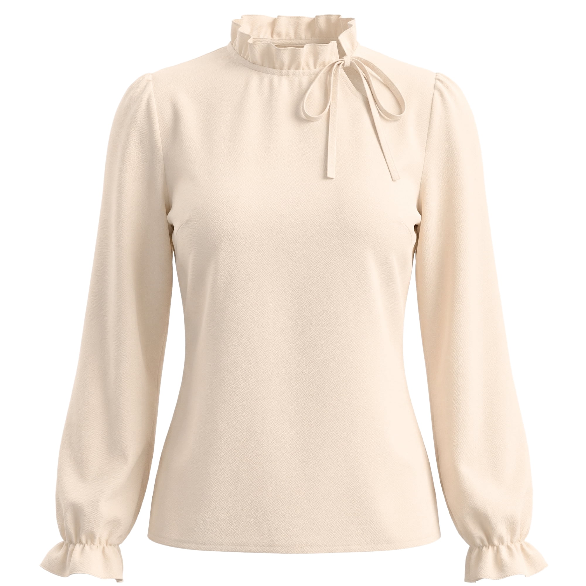 DARING DIVA Women's Spring Blouse Long Sleeve Ruffle Tie Neck Business Top XS Beige