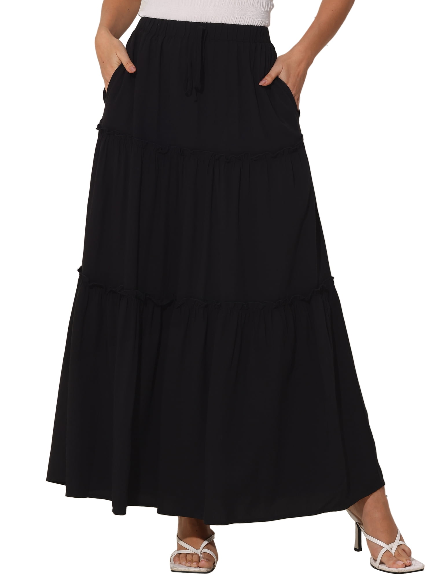 DARING DIVA Women's Spring Flowy Elastic Waist Aline with Pockets S Black