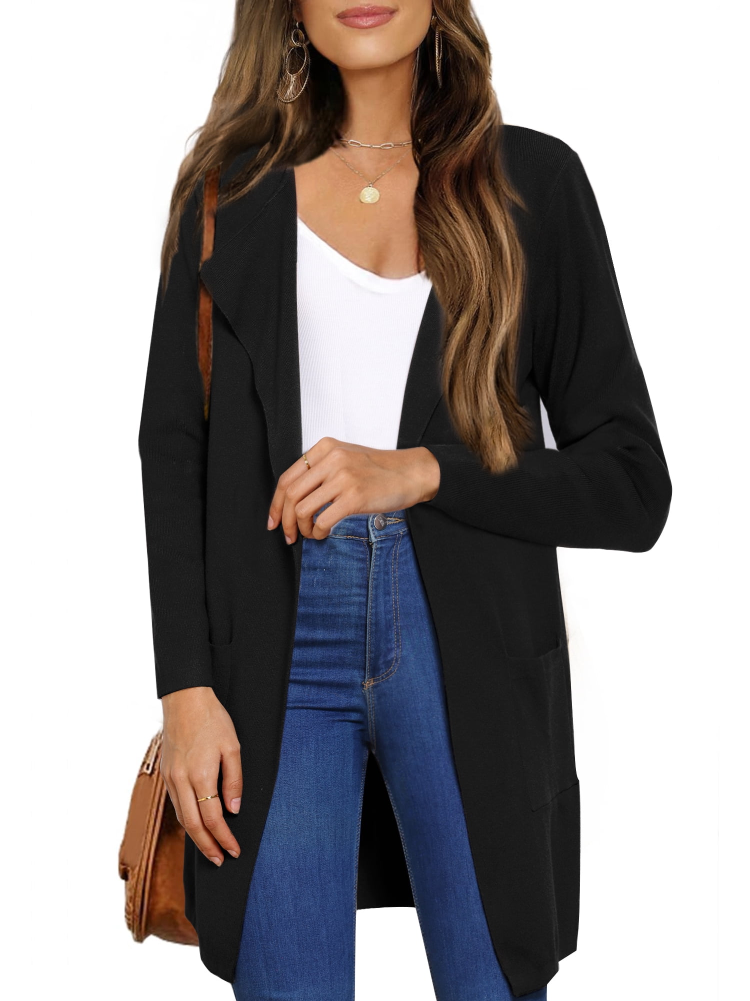 DARING DIVA Women's Spring Open Front Knit Long Cardigan Sweaters L Black