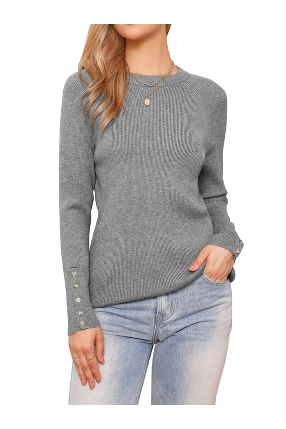 Women's Spring Ribbed Knit Long Raglan Sleeves Sweater Tops L Grey