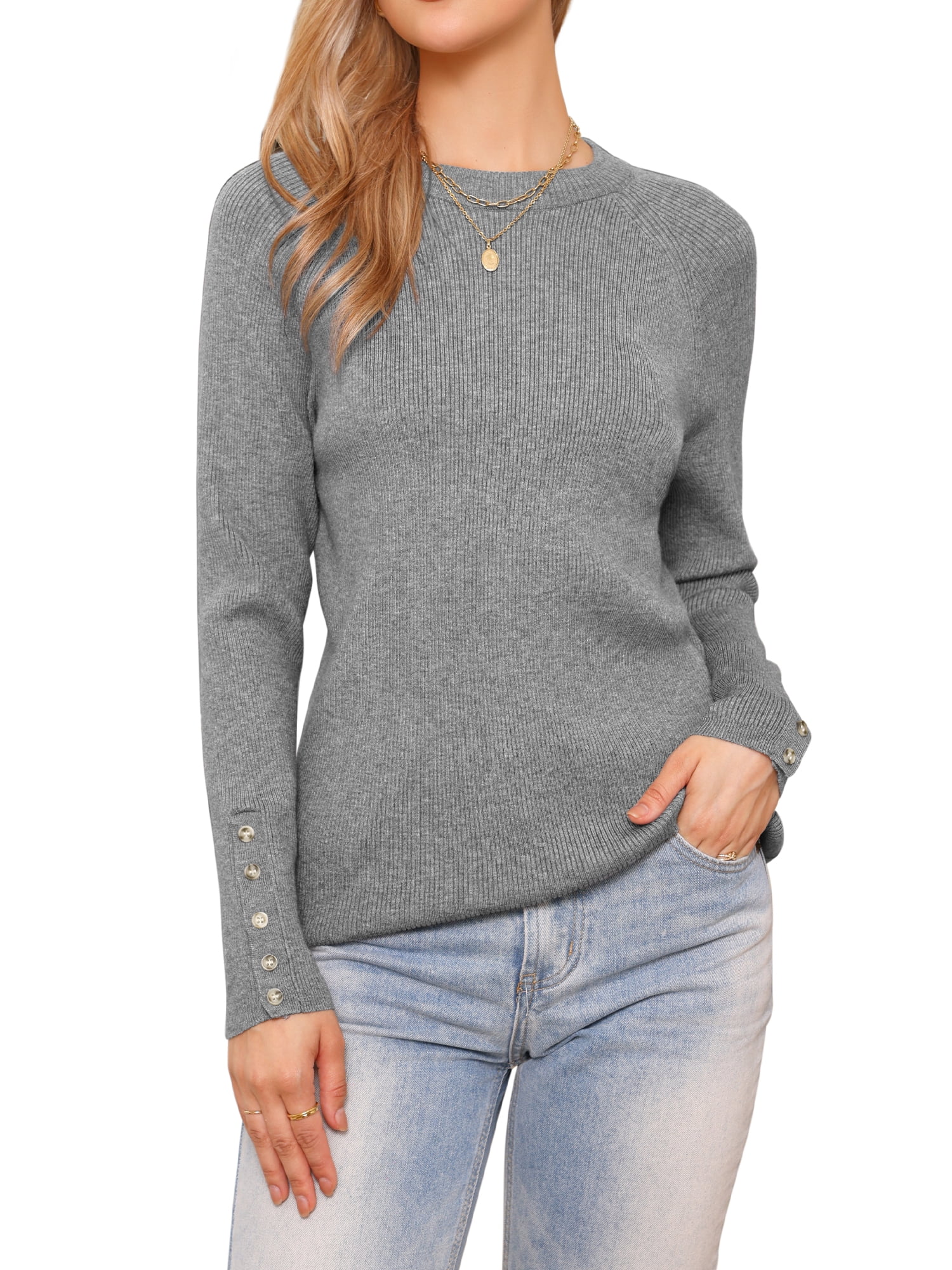 DARING DIVA Women's Spring Ribbed Knit Long Raglan Sleeves Sweater Tops S Grey