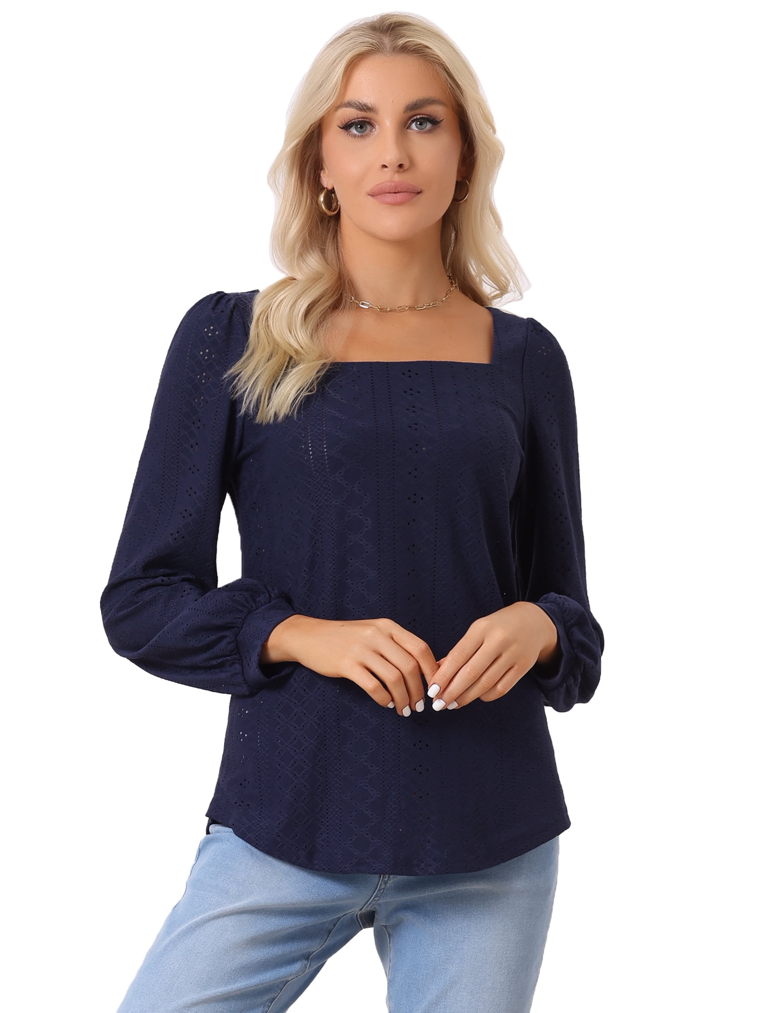 DARING DIVA Women's Square Collar Puff Long Sleeve Eyelet Business Shirts XS Navy Blue
